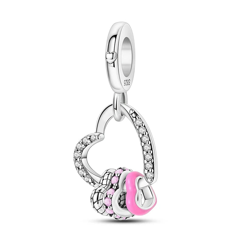 Charm Corazón Mamá e Hija en Plata 925 – Colgante Clásico para Pulseras Tipo Pandora, Regalo Día de la Madre