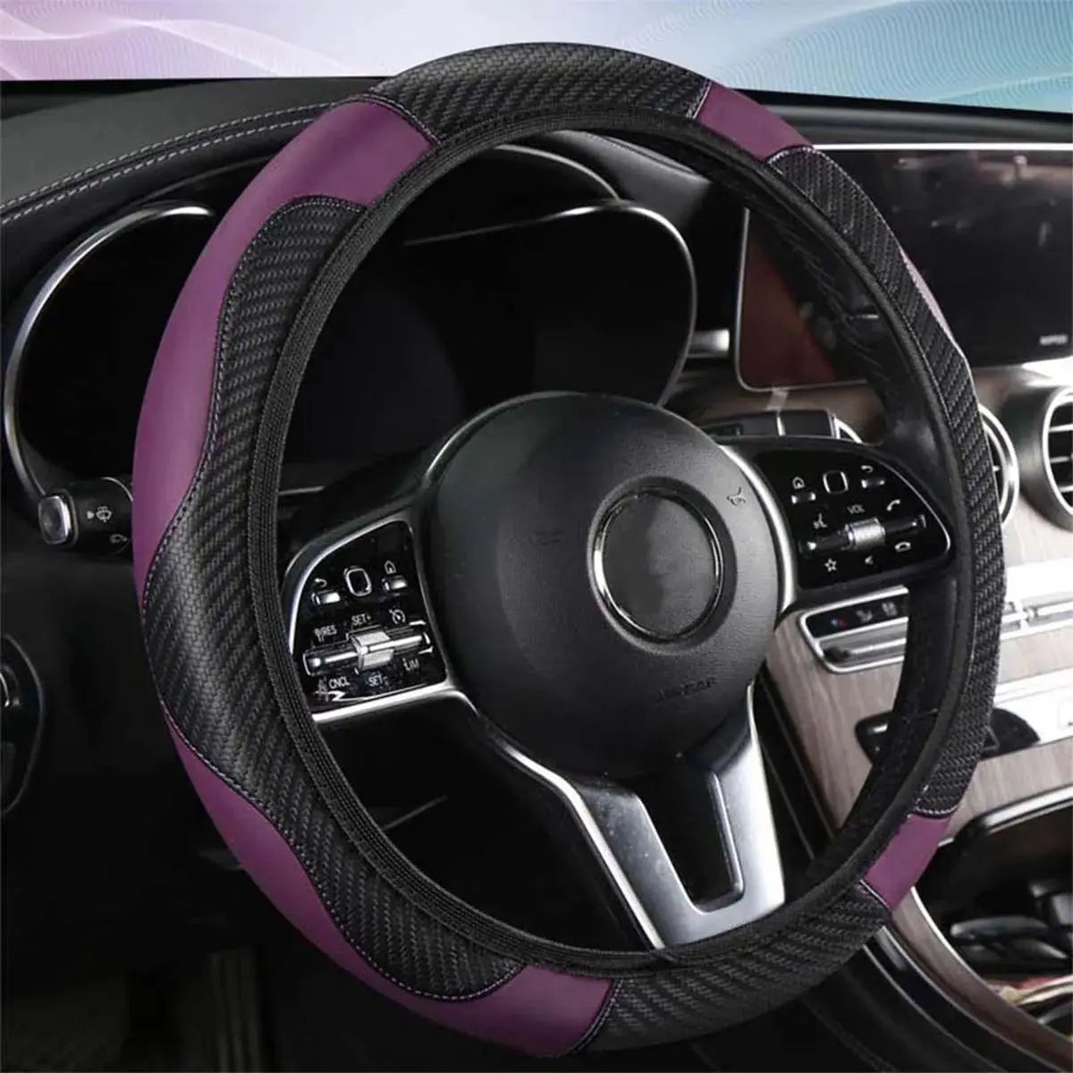 Car Steering Wheel Cover Breathable Anti Slip PU Leather Steering Covers Suitable 37-38.5cm Auto Decoration Carbon Fiber