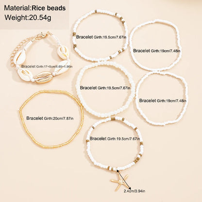 7pcs/set Bohemian Holiday Wind Shell Beaded Woven Bracelet Starfish Rice Beads Women's Bracelet Set Beach Party Seaside Holiday