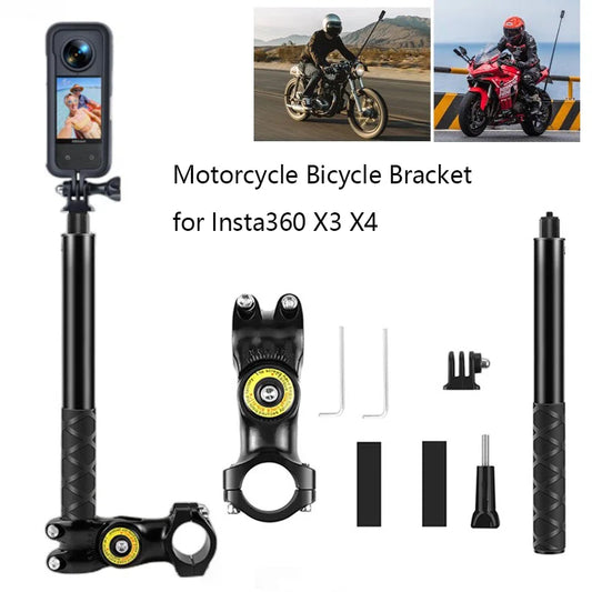 Soporte para motocicleta y bicicleta con palo selfie invisible – Compatible con Insta360 X3/X4, GoPro Hero 12/11/10 y DJI Action