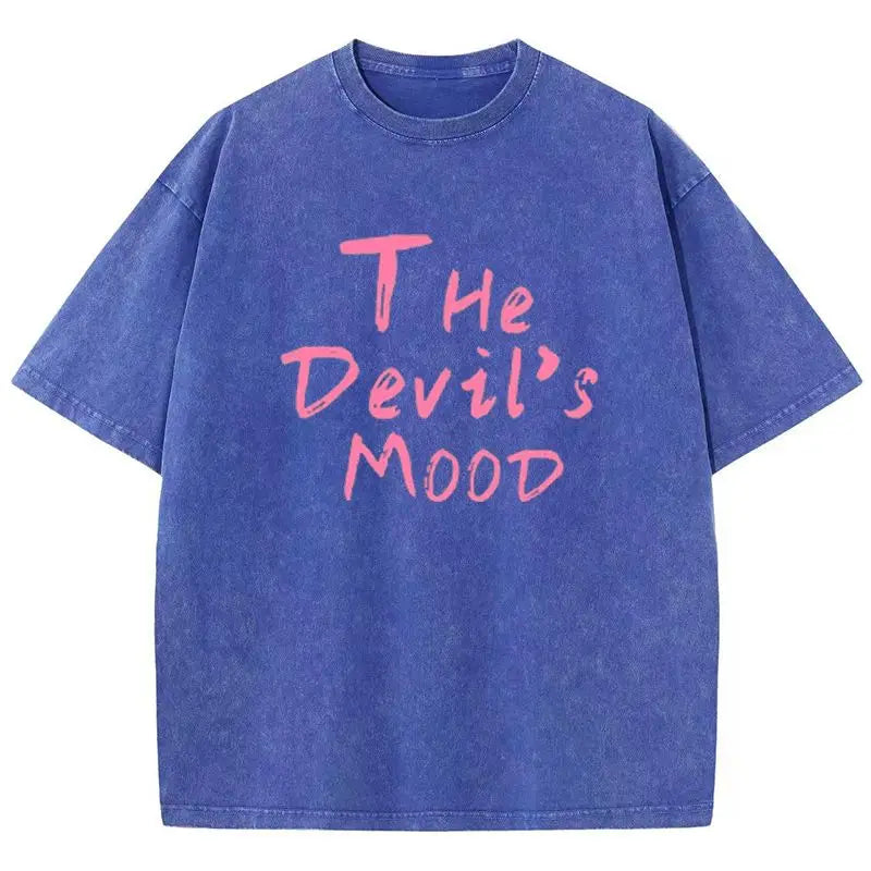 Camiseta Oversize Mujer Algodón Lavado | Estampado Letras The Devil’s Moon Casual Streetwear
