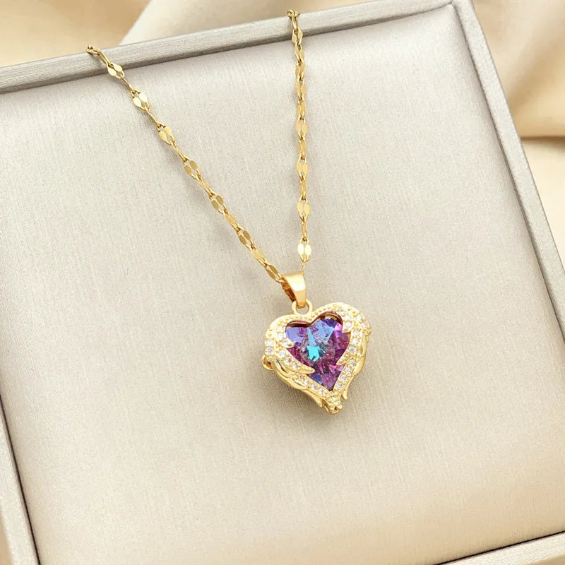 Collar Corazón Oceánico con Cristales de Colores | Joyería de Acero Inoxidable 316L para Mujer | Collar Elegante de Boda o Fiesta