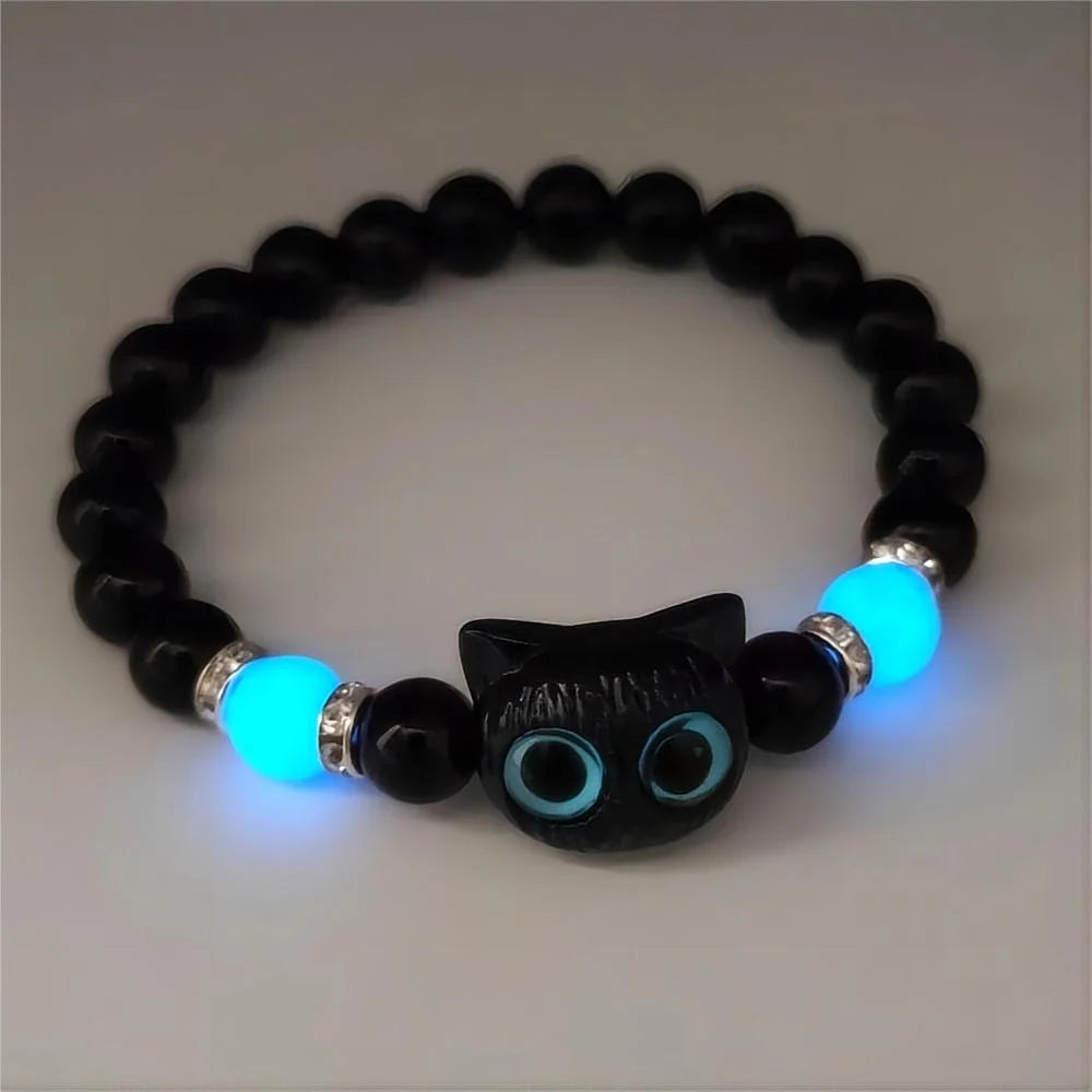 Pulsera de Pareja con Gato Luminoso – Brazalete de Cuentas Negro y Blanco para Amistad o Amor