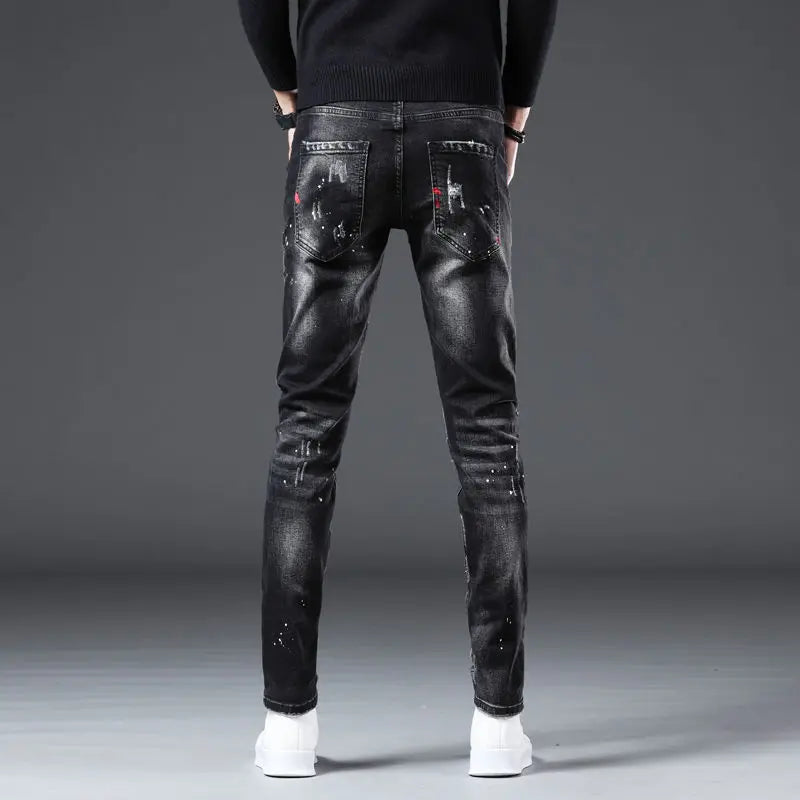 Jeans Slim Hombre Ripped Pintura | Pantalón Vaquero Streetwear Lujo Primavera Otoño 2025