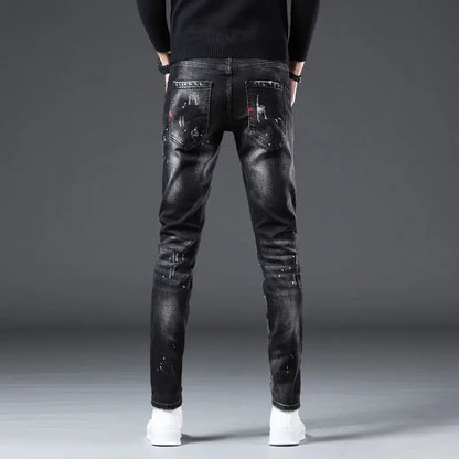 Jeans Slim Hombre Ripped Pintura | Pantalón Vaquero Streetwear Lujo Primavera Otoño 2025