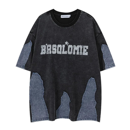 Camiseta Oversize Hombre Hi Street | T-Shirt Estampada con Parches Denim Hip Hop Streetwear 2025