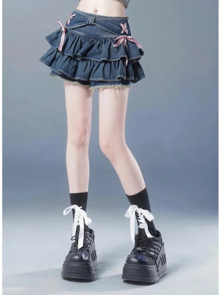 Falda Corta Plisada Mujer Denim Azul | Diseño con Lazo y Shorts Internos Estilo A-Line