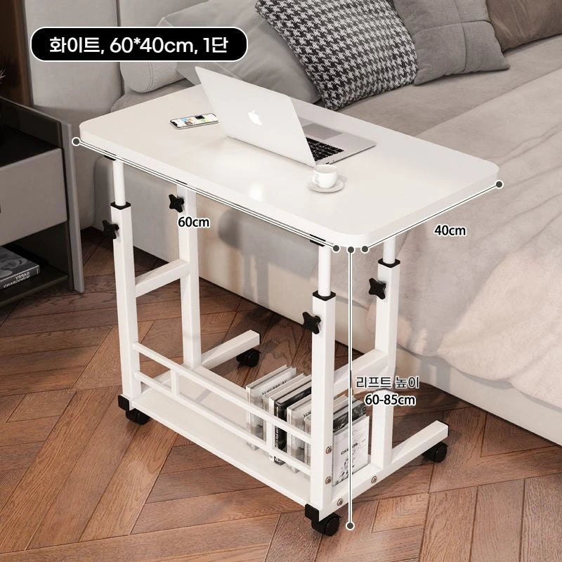 Mesa Auxiliar Doble Capa con Ruedas – Escritorio Portátil de Cama con Estante de Almacenamiento para Laptop y Dormitorio