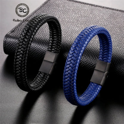 Pulsera de Cuero Genuino para Hombre – Joyería Clásica con Cierre Magnético de Acero Negro
