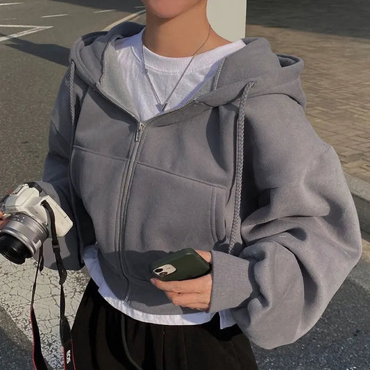 Hoodie Crop Top Oversize Mujer Y2K | Sudadera Zip Up Harajuku Casual con Cremallera