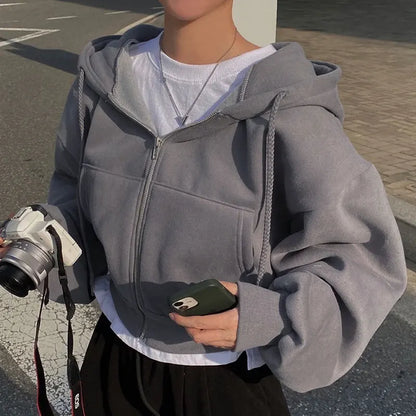 Hoodie Crop Top Oversize Mujer Y2K | Sudadera Zip Up Harajuku Casual con Cremallera