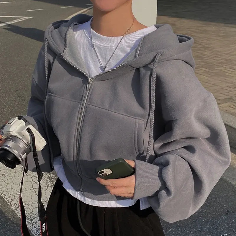 Hoodie Crop Top Oversize Mujer Y2K | Sudadera Zip Up Harajuku Casual con Cremallera