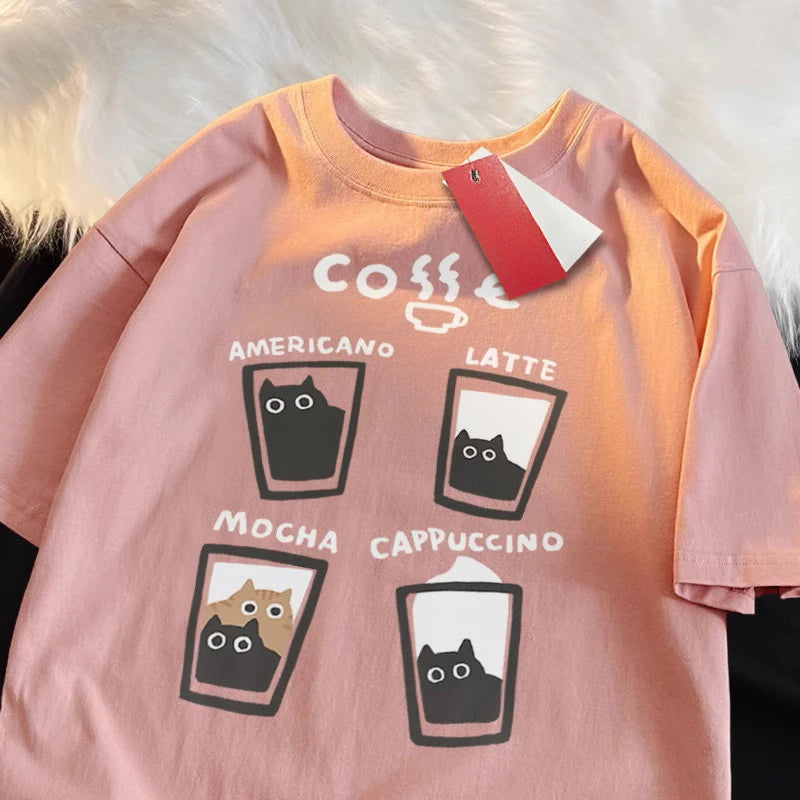 Camiseta Oversize Unisex | Estampado Gatito Café Crema Verano Streetwear