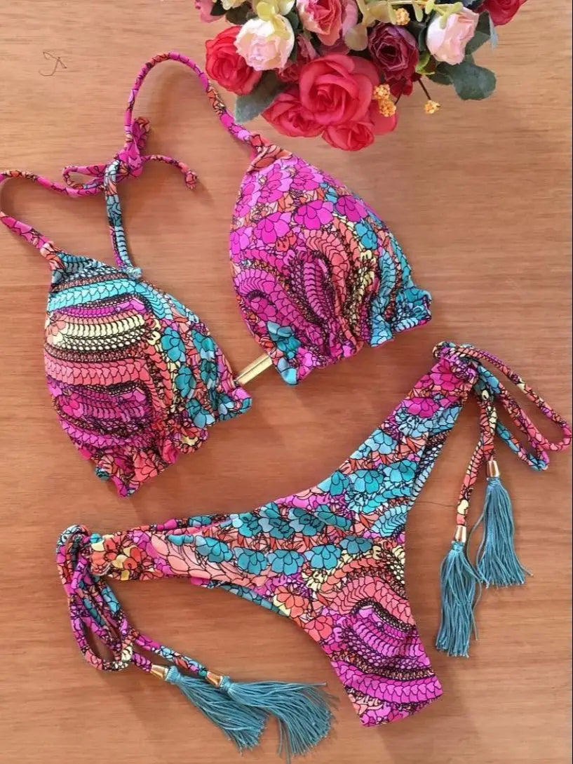RUOTONGSEPT Micro Bikini Mujer 2025 | Estampado Plumas Bandage Brasileño