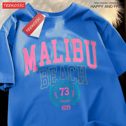 Camiseta Oversize Malibu Beach – T-shirt Casual Unisex con Estampado de Letras, Algodón, Cuello Redondo