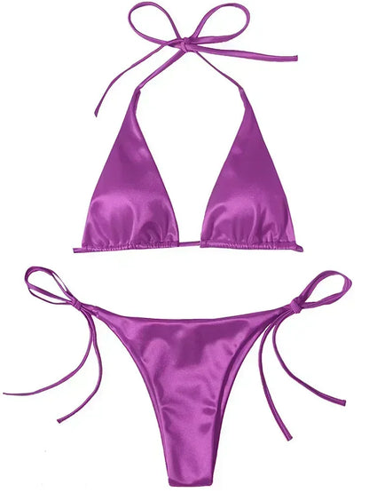Bikini Brasileño Halter Mujer | Satinado Metálico Push Up 2 Piezas