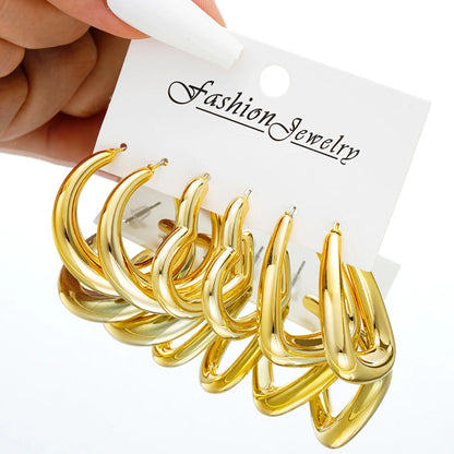 Set de 6 Aretes Aros Dorados Chunky para Mujer - Diseño Minimalista Elegante Estilo Europeo y Americano