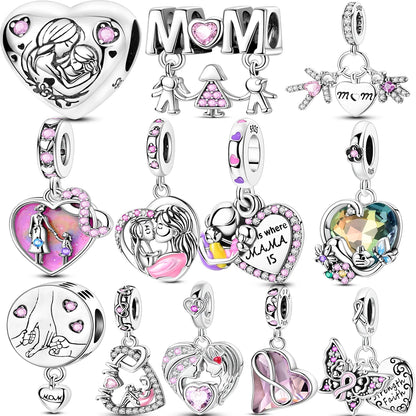 Charm Plata 925 Día de la Madre | Dije Corazón Rosa Love Mom Compatible Pandora Pulsera Collar Mujer