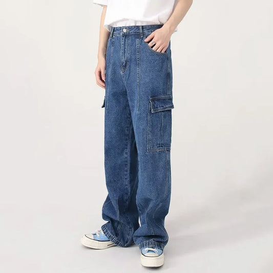 Jeans Cargo Baggy Oversize Hombre | Pantalones Vaqueros Streetwear Hip Hop Harajuku Pierna Recta Negro Azul