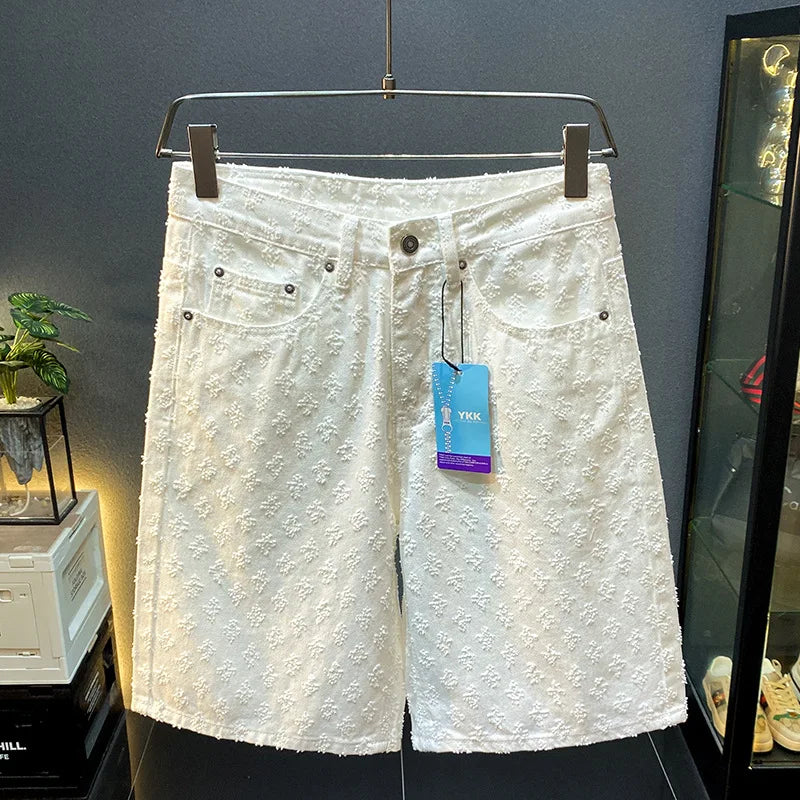 2025 new summer high-end denim shorts for men, loose straight leg oversized pants, retro embroidered five quarter pants