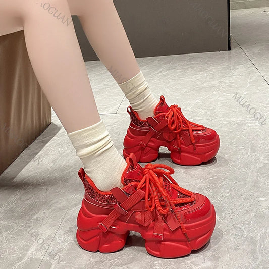 Zapatillas Plataforma Mujer 2025 | Sneakers Casual con Tacón de 8cm y Brillo