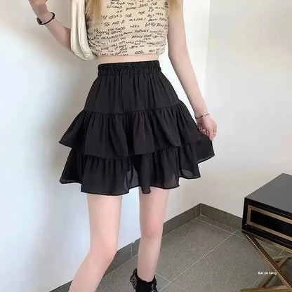 Falda Plisada Mujer Blanca | A-line Preppy Sweet con Volantes y Cintura Elástica Verano