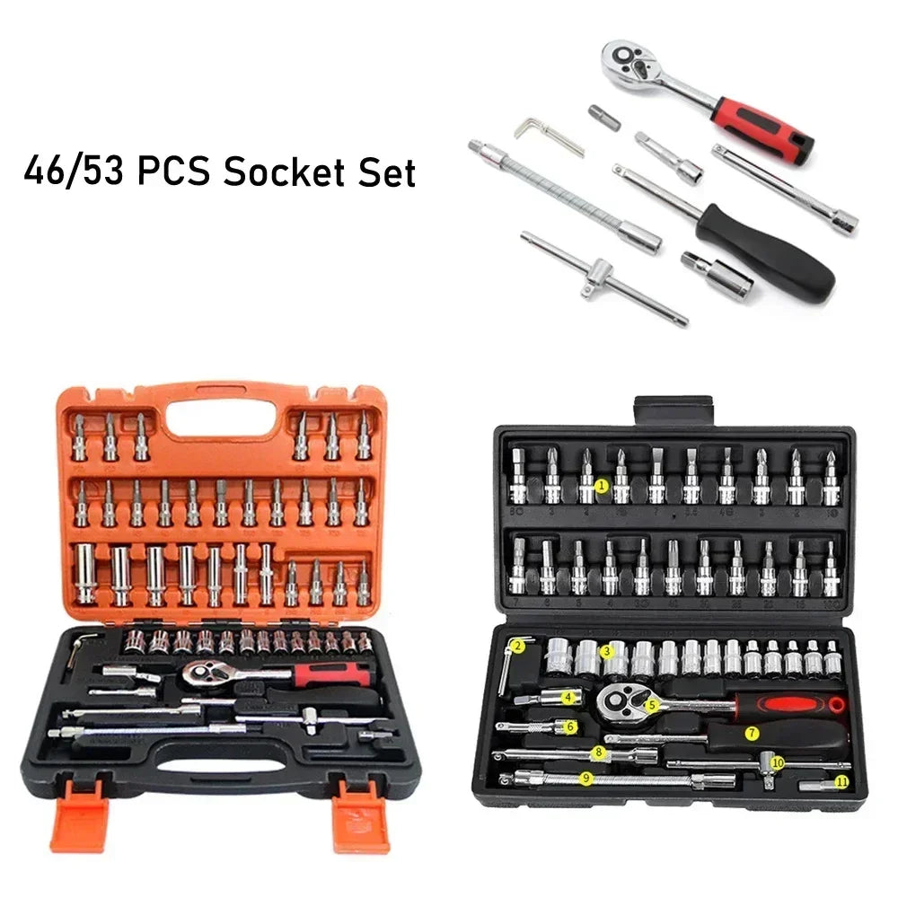 Car Toolbox Set Fast Ratchet Wrench 53/46pcs Socket Group Bit Industrial-grade Toolbox Auto Repair Tools Set Maintenance Amagi
