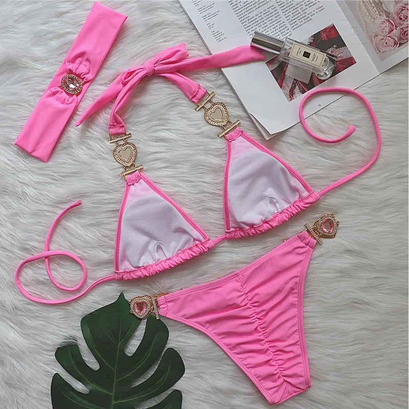 Bikini Sexy Mujer | Push-Up con Rhinestones y Diadema Playa y Piscina