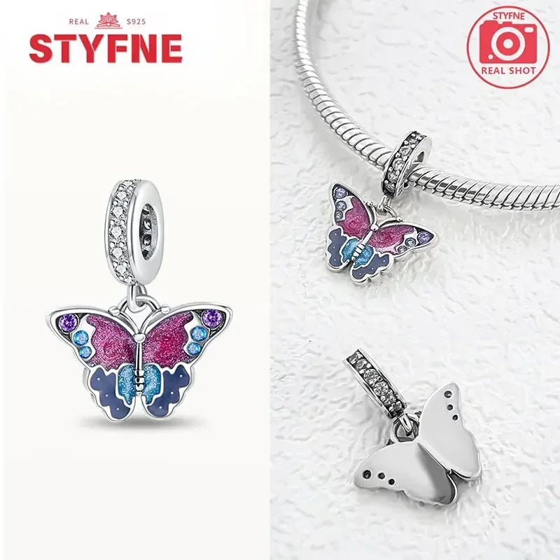 Charm Plata S925 Mariposa Libélula Flores con Gemas | Compatible Pulsera Pandora