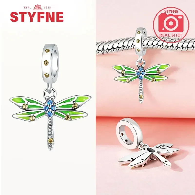 Charm Plata S925 Mariposa Libélula Flores con Gemas | Compatible Pulsera Pandora