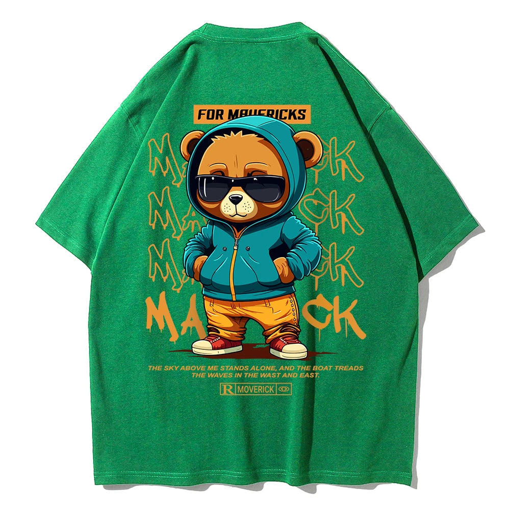 Camiseta de Algodón con Estampado de Oso – T-shirt Redonda Oversize Unisex Suelta, Transpirable y Casual