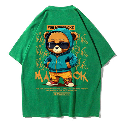 Camiseta de Algodón con Estampado de Oso – T-shirt Redonda Oversize Unisex Suelta, Transpirable y Casual