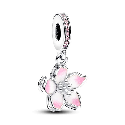 Charm Plata 925 Flores Rosadas | Cerezo y Margarita Brillante Compatible Pandora