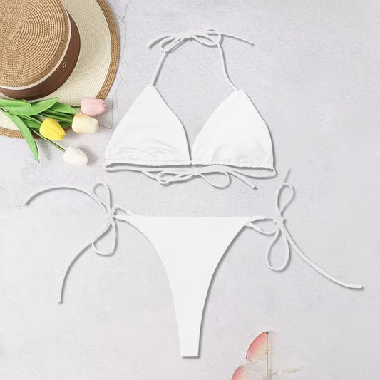 Bikini Sexy Mujer 2025 | Halter Tres Puntos Sólido Ajustable Espalda Descubierta