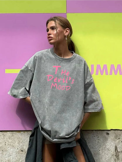 Camiseta Oversize Mujer Algodón Lavado | Estampado Letras The Devil’s Moon Casual Streetwear