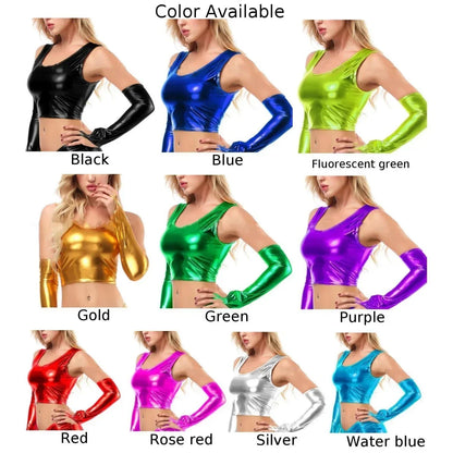 Crop Top Mujer 2025 | Top Brillante de PU sin Mangas para Club y Fiesta