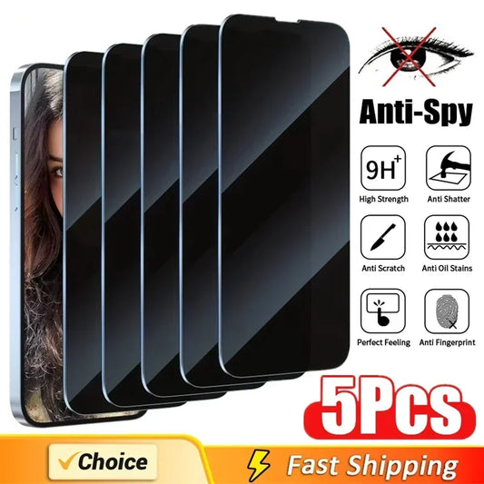 5 Piezas Protector de Pantalla Privacidad Vidrio Templado 8K para iPhone 16 15 14 13 12 11 Pro Max XR XS X – Cristal Anti-Spy