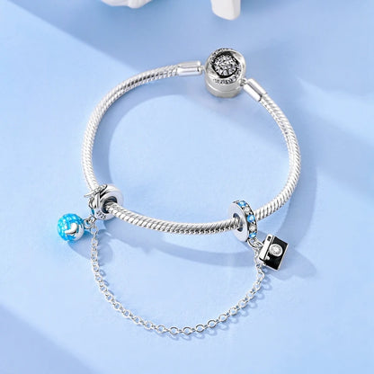 Charm de Plata 925 – Safety Chain, Avión, Tierra, Cámara y Margarita para Pulsera DIY Mujer