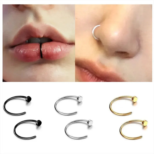Set de 2/6 Piercings Falsos de Nariz y Labio – Aros de Acero Inoxidable 316L para Mujer