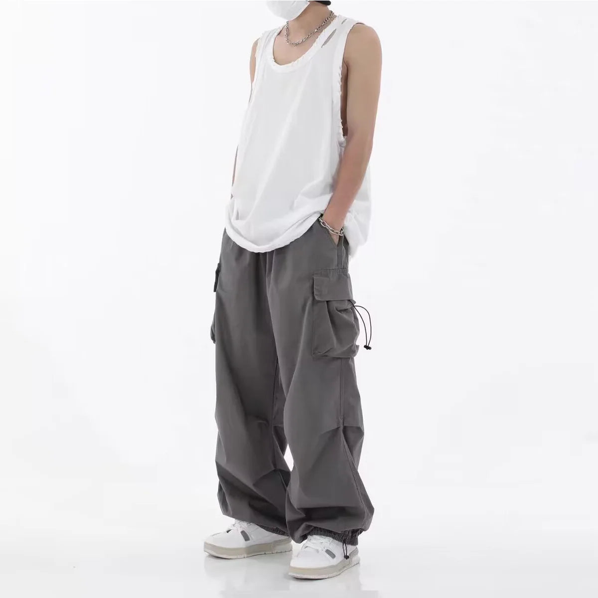 Pantalones Casual de Moda para Hombre – Streetwear, Color Sólido, Cargo, Cintura Elástica, Pierna Ancha, Joggers Primavera-Verano