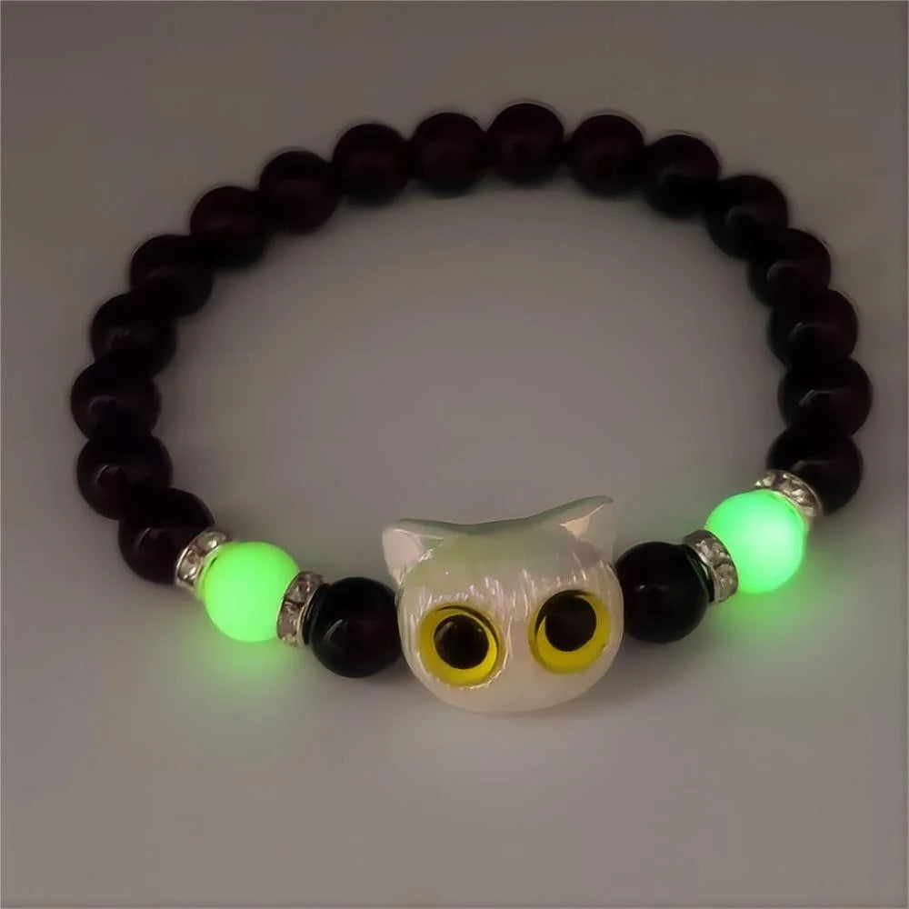 Pulsera de Pareja con Gato Luminoso – Brazalete de Cuentas Negro y Blanco para Amistad o Amor