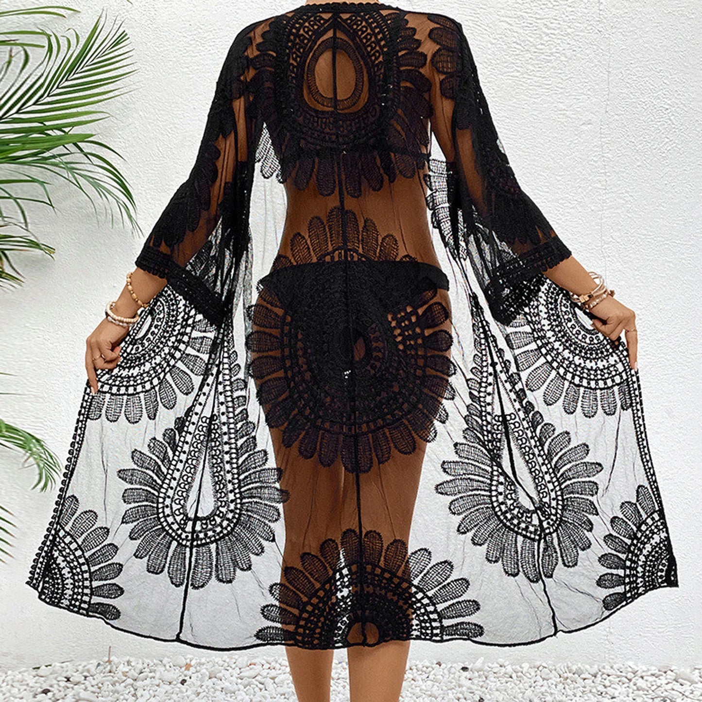 Bikini Mesh Flores Mujer | Kimono Playa Bordado Transparente Verano