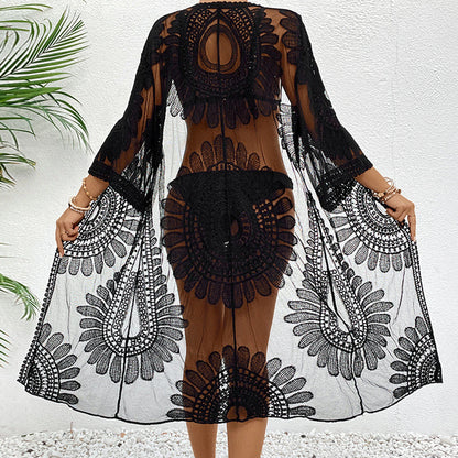 Bikini Mesh Flores Mujer | Kimono Playa Bordado Transparente Verano