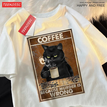 Camiseta Oversize “Because Murder Is Wrong” – T-shirt Black Cat, Algodón Transpirable, Streetwear Unisex, Manga Corta