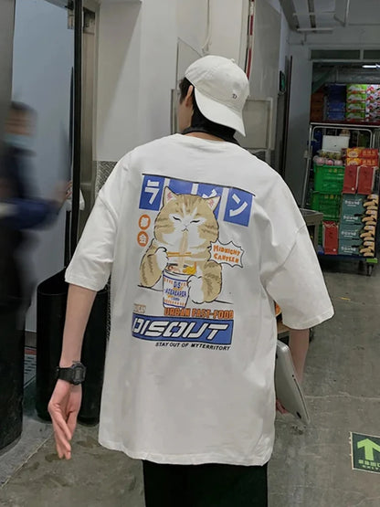 Camiseta Unisex 2025 | Estilo Harajuku con Gato y Noodles Gráfico