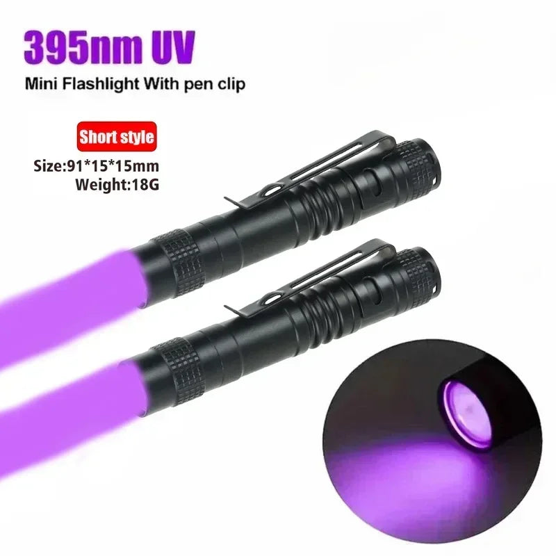 Linterna UV 395nm Portátil con Clip – Detector de Orina de Mascotas, Escorpiones y Uso Multifuncional