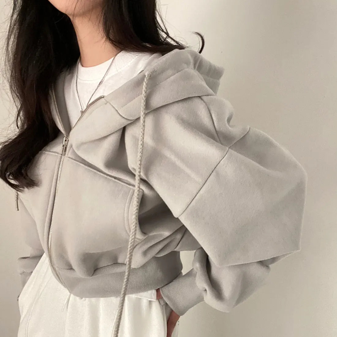 Hoodie Crop Top Oversize Mujer Y2K | Sudadera Zip Up Harajuku Casual con Cremallera