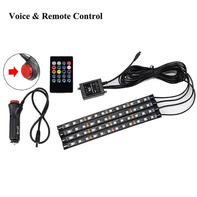 Kit de Luces LED Neón RGB para Interior de Coche | Tiras Decorativas con Control Remoto, App y Modo Música