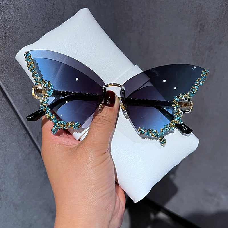 Gafas de Sol Mariposa Diamante Mujer | Vintage Y2K Oversized Rimless Eyewear de Lujo