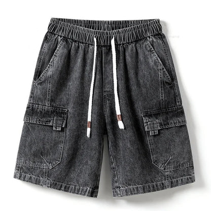 Shorts Vaqueros Oversize Hombre Estilo Coreano | Bermudas Cargo Baggy con Cintura Elástica Azul Gris Verano